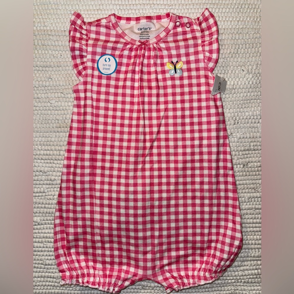 Carter’s Pink Plaid Romper Butterfly Frog Spring Summer